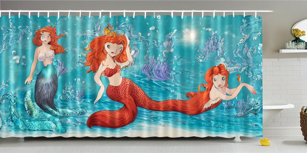 Image similar to a ( ( main coon kitten ) ) little mermaid themed shower curtain, shower curtain product photography. digital art. 4 k, highly detailed. saturated.