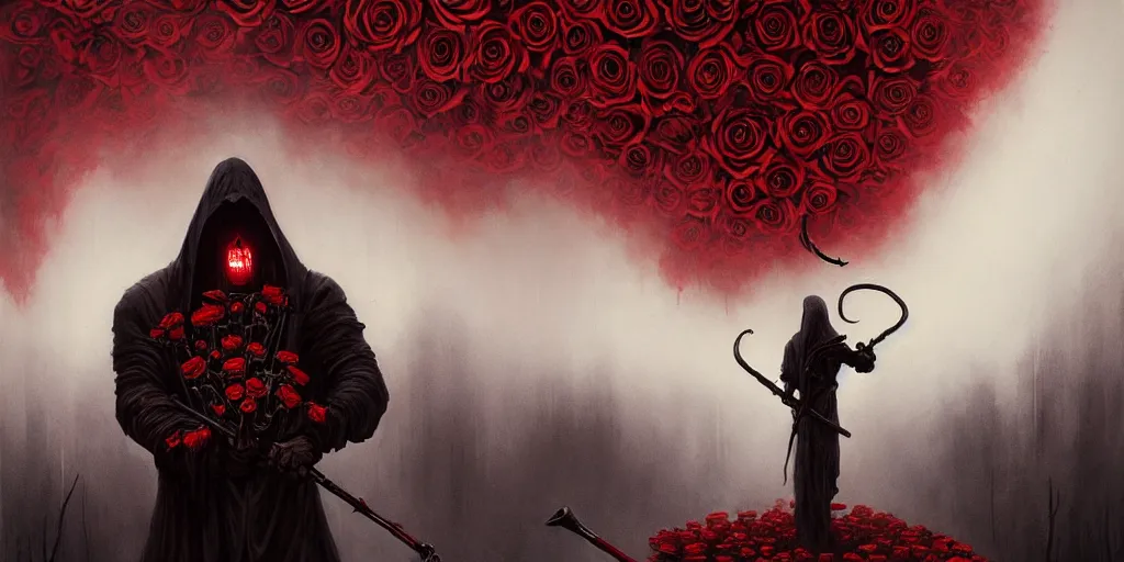 Image similar to poster style, a beautiful and terrifying painting with high details of a panoramic view of a reaper holding a long sickle, with red fluid white roses in the foreground, movie atmosphere, movie lights, 8 k, light effect, rtx on, trending on artstation, by kilian eng, lee madgwick, bastien lecouffe - deharme