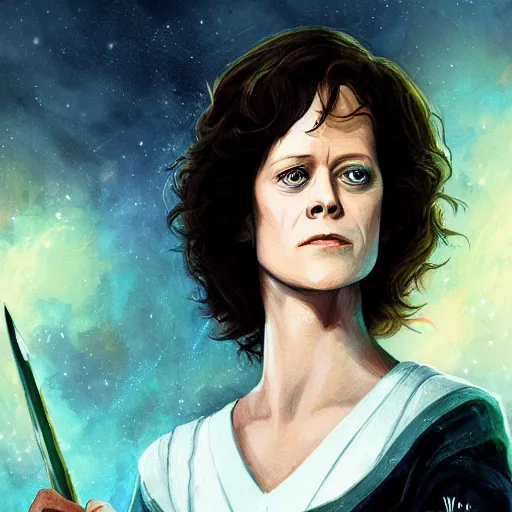 Image similar to young sigourney weaver as a d & d wizard, character portrait by wlop