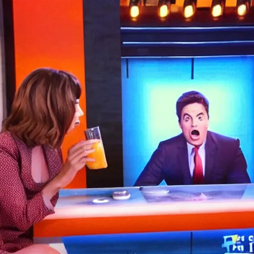 Image similar to “a tv anchor drinking orange juice in front of her shocked cohost”