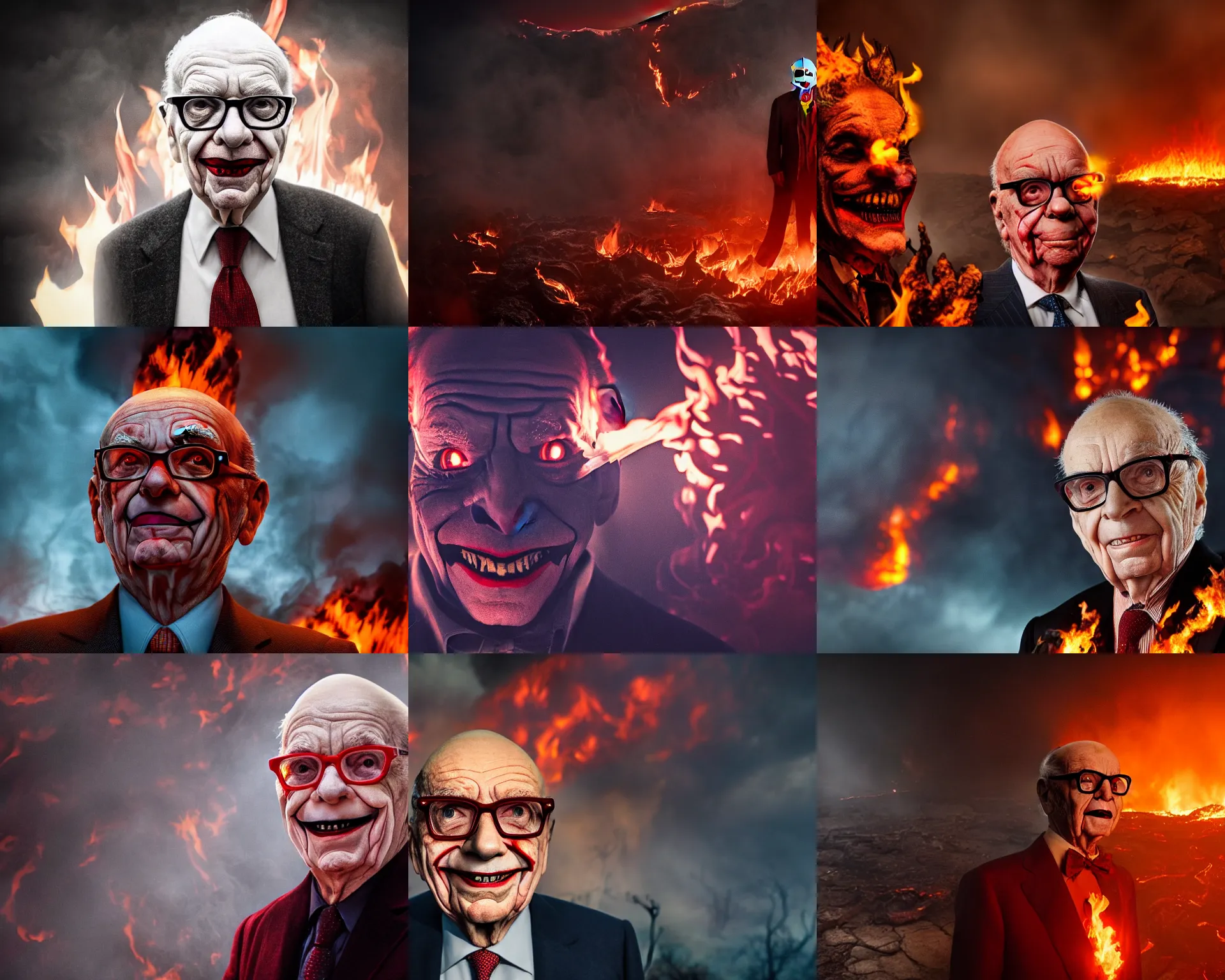 Prompt: Rupert Murdoch as The Joker wearing glasses, standing in hell surrounded by fire and flames and lava and brimstone and an army of demons, volumetric fog, portrait photography, depth of field, bokeh