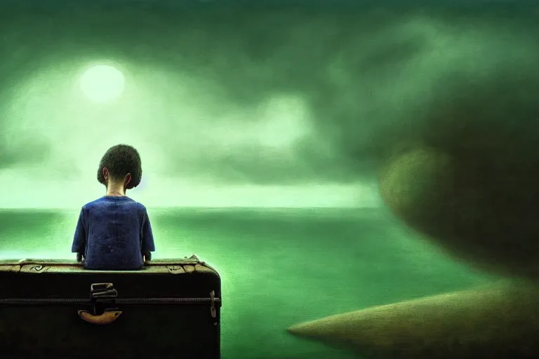 Image similar to hyperrealistica boy with binoculars sits on a suitcase floating on the sea, in the style of beksinski, solarpunk, atmospheric, clean, intricate and epic composition, green by caravaggio, insanely quality, highly detailed, masterpiece, blue light, artstation, 4 k