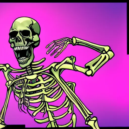Image similar to a skeleton yelling at his teammate over xbox live, vivid, detailed, outrun, synthwave, vaporwave
