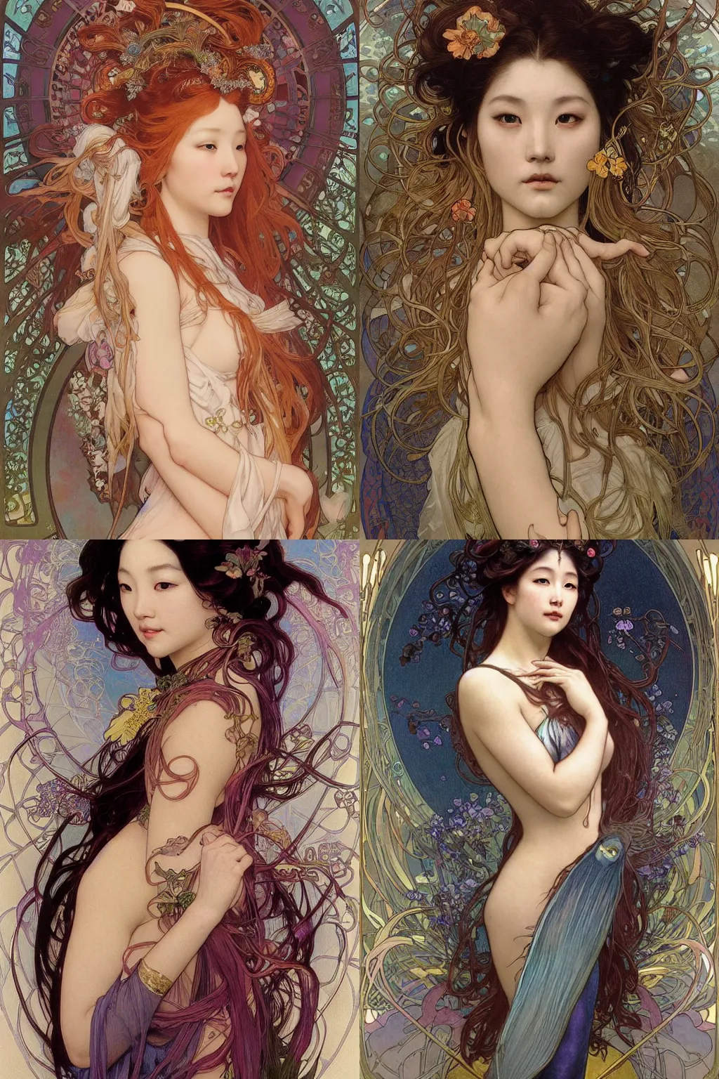 Prompt: stunning, breathtaking, awe-inspiring award-winning realistic concept art face portrait of mermaid Ashley Liao as a goddess of love, by Alphonse Mucha, Ayami Kojima, Amano, Charlie Bowater, Karol Bak, Greg Hildebrandt, Jean Delville, and Mark Brooks, Art Nouveau, Neo-Gothic, gothic, rich deep colors, cyberpunk, extremely moody lighting, glowing light and shadow, atmospheric, shadowy, cinematic, 8K