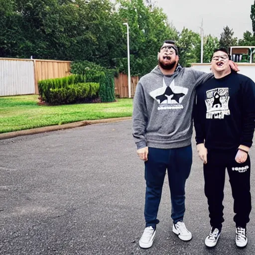 Prompt: Rocco Botte wearing gray sweatshirt and gray sweatpants and black/white Converse Chuck Taylors standing in a T-pose on a suburban residential street