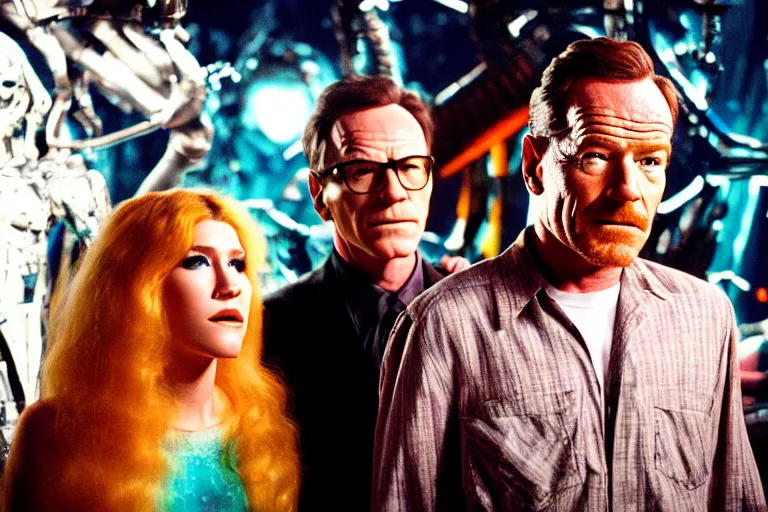 Image similar to film still of bryan cranston and kesha and a cyborg woman in cosmic horror! the musical by david cronenberg, budapest street background, 3 5 mm film, atmospheric, ultra fine detail, film grain, photorealistic, hyperrealistic dramatic lighting