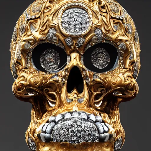 Prompt: a portrait of a beautiful ornate and intricate rococo skull with diamonds in the eyesockets, with silver and gold details and diamonds inside a rococo frame, 4k, octane render, vray, unreal engine, photorealistic