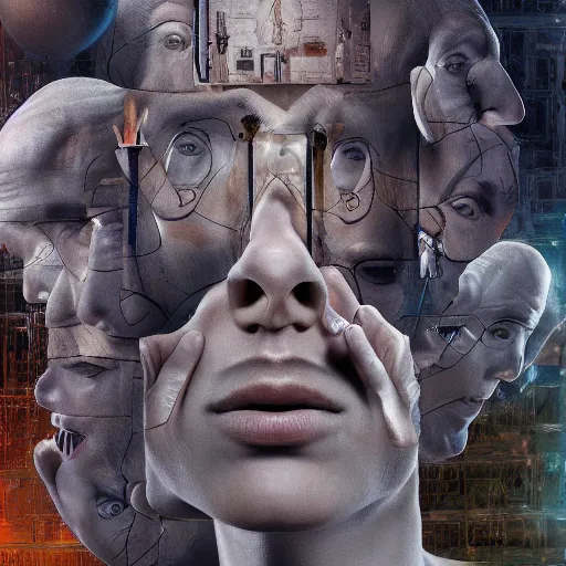 Image similar to a little time and a lot of latent space stands a man with infinite faces, 4 k, high level of detail, surrealism