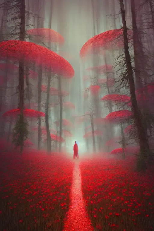 Prompt: VAST FOREST, dreamlike, psychedelic, otherworldly, weird, cyberpunk, vaporware, interesting details, volumetric lighting, dramatic, fantasy, by Moebius, by zdzisław beksiński, ARTGERM, Fantasy LUT, epic composition, 8k, red poppies,