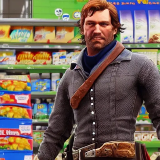 Prompt: Arthur morgan buying cereals at Walmart.