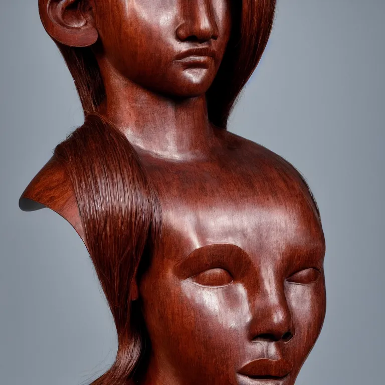 Image similar to public sculpture minimalist portrait of a powerful woman wearing pigtails, beautiful symmetrical face accurate face detailed face realistic proportions, carved out of mahogany wood on a pedestal by stephan balkenhol and martin puryear, hyperrealistic dramatic lighting shocking detail trending on artstation 8 k