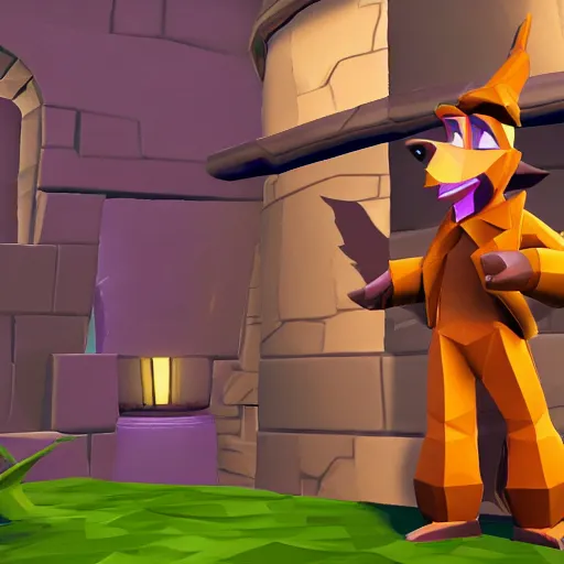 Image similar to screenshot of a humanoid inspector badger with a brown trenchcoat as an npc in spyro the dragon video game, with low poly playstation 1 graphics, upscaled to high resolution