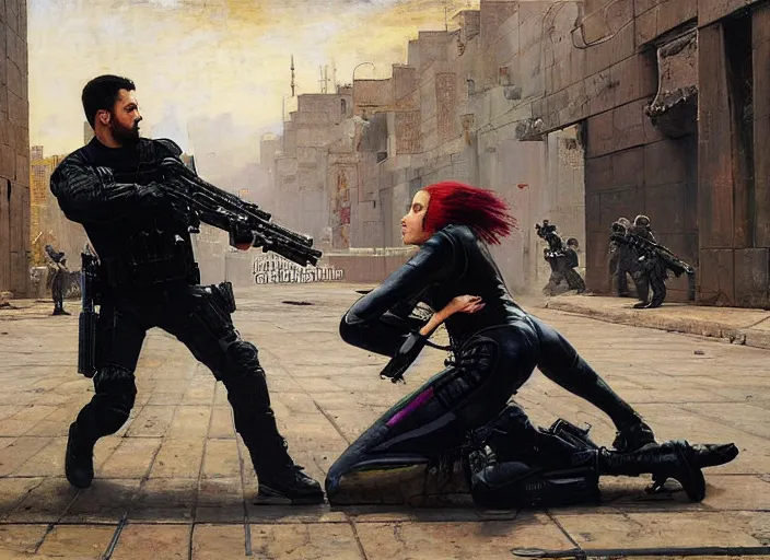 Image similar to Maria evades sgt Griggs. Cyberpunk hacker escaping Menacing Cyberpunk police trooper griggs. (dystopian, police state, Cyberpunk 2077, bladerunner 2049). Iranian orientalist portrait by john william waterhouse and Edwin Longsden Long and Theodore Ralli and Nasreddine Dinet, oil on canvas. Cinematic, vivid colors, hyper realism, realistic proportions, dramatic lighting, high detail 4k