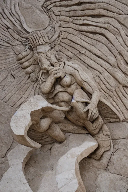 Prompt: epic and dramatic view of quetzalcoatl sculpture made in travertine marble showing scams in his full body, realistic and ultra detailed, 8 k