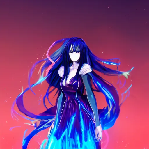 Image similar to a anime woman wearing a dress made out of blue fire , full body, very long black/red hair, one yellow and one blue eye, intense stare, cinematic lighting, medium shot, MCU, very high details, trending on artstation, CSP, Photoshop, WLOP, Rossdraws, James Jean, Andrei Riabovitchev, Marc Simonetti, Anastasia Ovchinnikova, Véronique Meignaud, BEN MAIER and Sakimichan