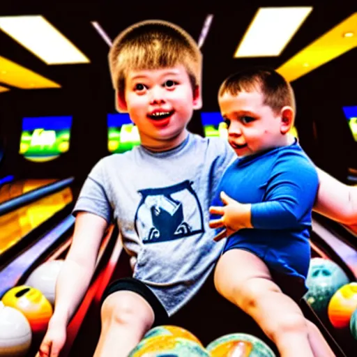 Image similar to a bowling ball with arms and legs holds a small human man in his hands in a bowling alley