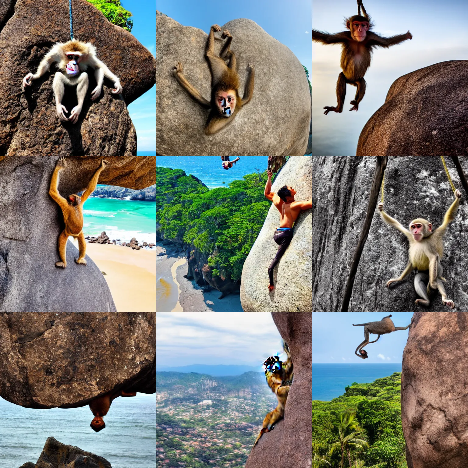 Prompt: a funny monkey hanging from a large boulder in brazil, epic high vista view on beach