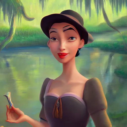 Image similar to a portrait of a woman in an animated disney movie, backwater bayou, oil painting, pale colors, high detail, 8 k, wide angle, trending on artstation,