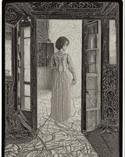 Image similar to a woman standing in a doorway, made of intricate decorative lace leaf skeleton, in the style of the dutch masters and gregory crewdson, dark and moody