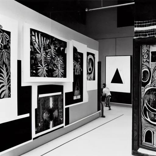 Prompt: A black and white photo in sérigraphie of an exhibition space with works of Sun Ra, Marcel Duchamp and tropical plants, 60s style, art magazine