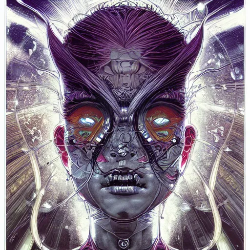 Prompt: crazy portrait of mad alien queen, symmetrical, by yoichi hatakenaka, masamune shirow, josan gonzales and dan mumford, ayami kojima, takato yamamoto, barclay shaw, karol bak, yukito kishiro illustration, clear line