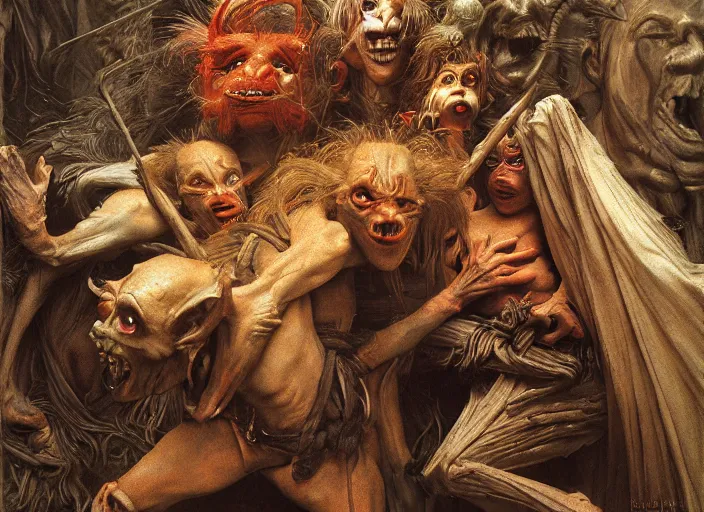 Image similar to goblins from the movie labyrinth by edgar maxence and caravaggio and michael whelan and delacroix style, artistic, intricate painting, cinematic lighting, hyper realistic, extremely detailed, establishing shot, 8 k resolution, dramatic lighting