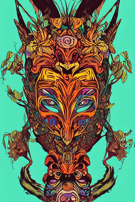 Image similar to animal mask totem roots flower tribal feather gemstone plant wood rock shaman vodoo video game vector cutout illustration vivid multicolor borderlands comics by josan gonzales and dan mumford radiating a glowing aura