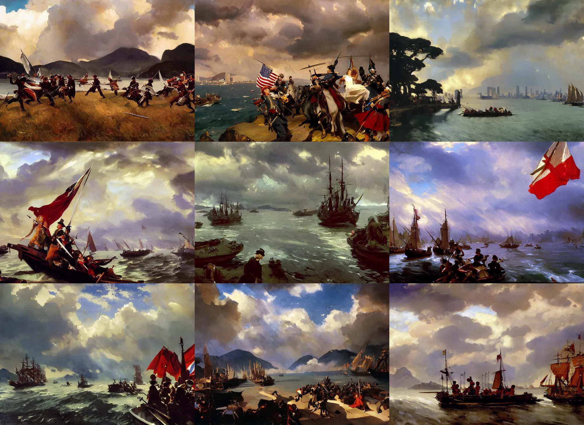 Prompt: painting by sargent and leyendecker and greg hildebrandt savrasov levitan autumn epic sky overcast, low thunder clouds hong kong victoria harbour in 1 8 th century, epic battle, navy, knights, wizards, sword, magic, fantasy, lotr, game of thrones, british flag waving
