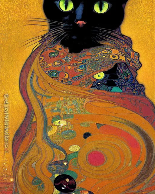 Prompt: cat portrait an oil painting splashes with many colors and shapes by gustav klimt greg rutkowski and alphonse mucha, polycount, generative art, psychedelic, fractalism, glitch art