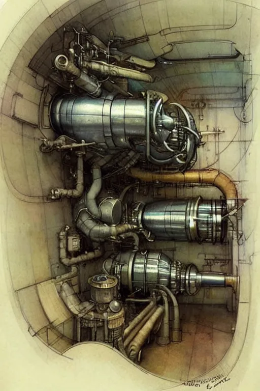 Prompt: (((((1950s spaceship engine room . muted colors.))))) by Jean-Baptiste Monge !!!!!!!!!!!!!!!!!!!!!!!!!!!