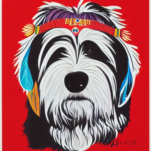 Image similar to tlingit haida lithograph, portrait of havanese dog, simplified forms, multiple colors, print by tristan - wolf reg davidson clifton guthrie maynard johnny jr.