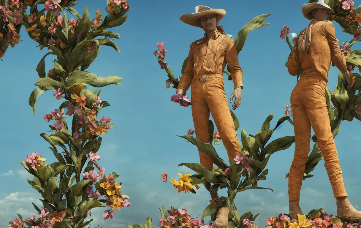 Image similar to a cowboy turning into blooms. tropical sea slugs, tractor tires. complementary colors. national geographic. 8 k, rendered in octane, smooth gradients. sculpture by antonio canova