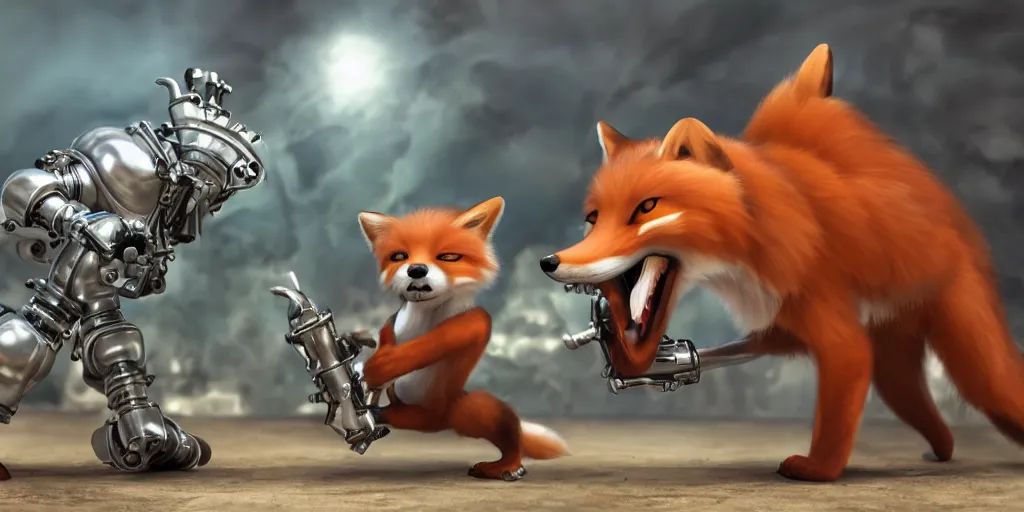 Image similar to anthropomorphic fox fighting a mechanical monster