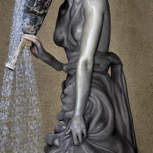 Prompt: a full body sculpture portrait of emma watson made of stone, holding an umbrealla in the shower like rain, beautiful dressed