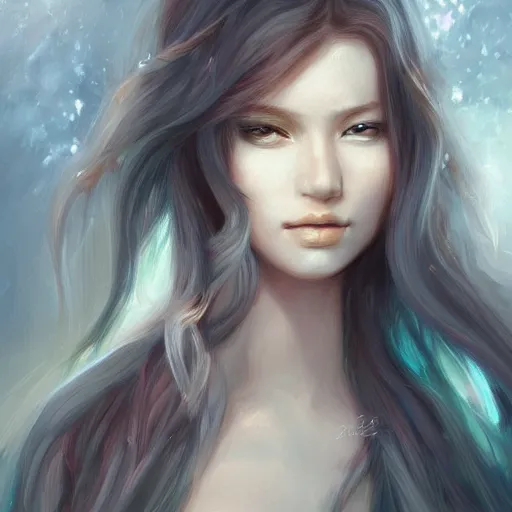 Prompt: a painting of a women with long hair, a detailed painting by ross tran, featured on cgsociety, fantasy art, detailed painting, deviantart, deviantart hd