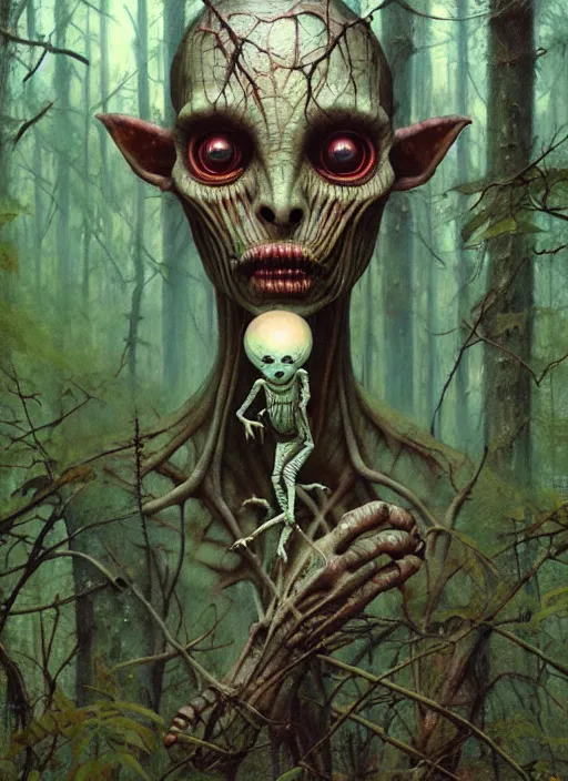 Image similar to hyper realistic spooky alien in the woods in a river gorgeous lighting, lush forest foliage blue sky a hyper realistic painting by chiara bautista and beksinski and norman rockwell and greg rutkowski, tom bagshaw weta studio, and lucasfilm