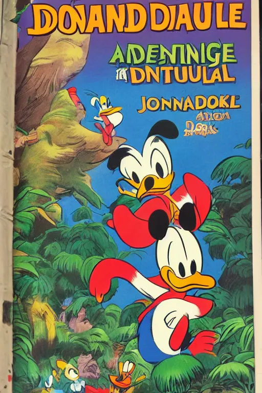 Prompt: donald ducks and friend adventure in the jungle by carl barks, old comic, walt disney, beautiful