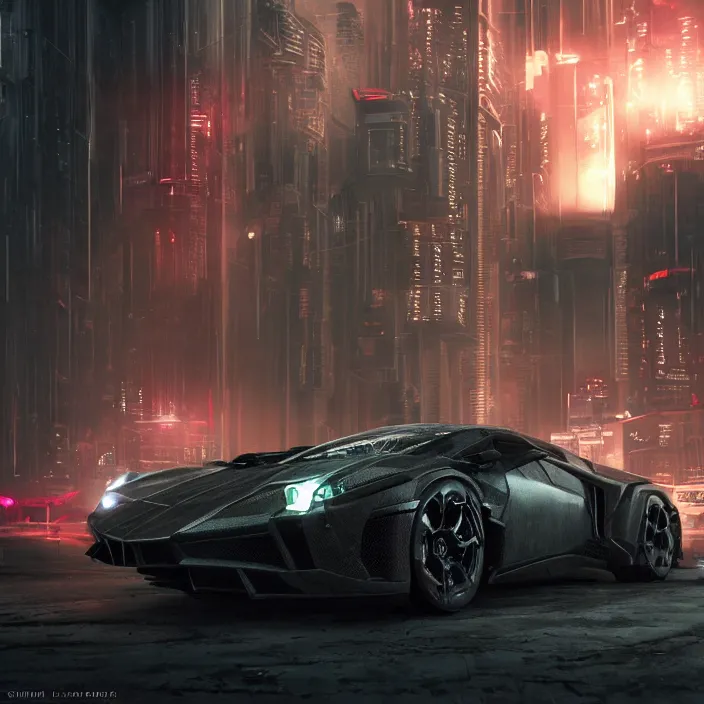 Prompt: dark cyberpunk car lamborgini counatch, in drak style cyberpunk city, by neill blomkamp director film, extreamly detailed, photorealism, photography, raytracing, 8 k, octane render, hyperrealism, perfect composition, art top in artstation, by chris labrooy, rendered in rtx, ssao, fxaa, unreal engine