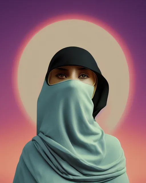 Image similar to Saudi woman wearing a niqab starring at the camera, neutral face, 4k, pastel colours, greek sculpture, by beeple, album cover, accurate