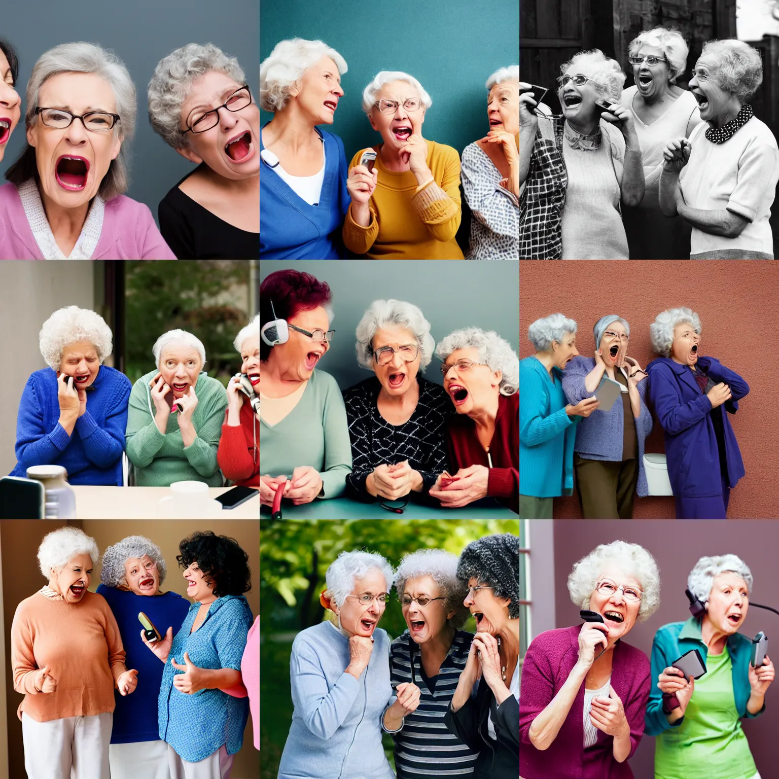 Prompt: three old ladies shouting into a landline telephone receiver, snapshot