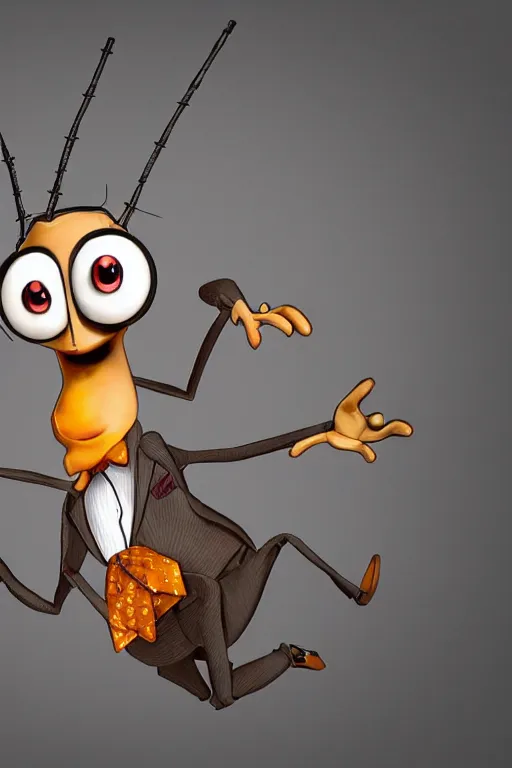 Prompt: full body shot of a thin anthropomorphic cockroach wearing a suit with a tie, with long antennae, trending on artstation, trending on deviantart ,backlighting, 8k, hyper detail illustration, symmetrical, correct proportions, 3d render, by tim schafer, vibrant colors, by tim burton