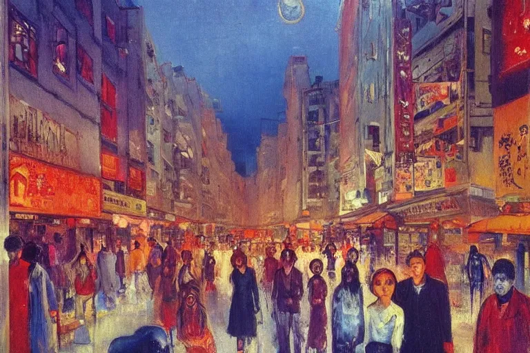 Image similar to dream festival in a city, low angle view from a city street lined with shops and apartments, glowing street signs, revelers playing games and shopping at a night market, oil painting by edvard munch, beksinski, city like hong kong, tokyo, barcelona