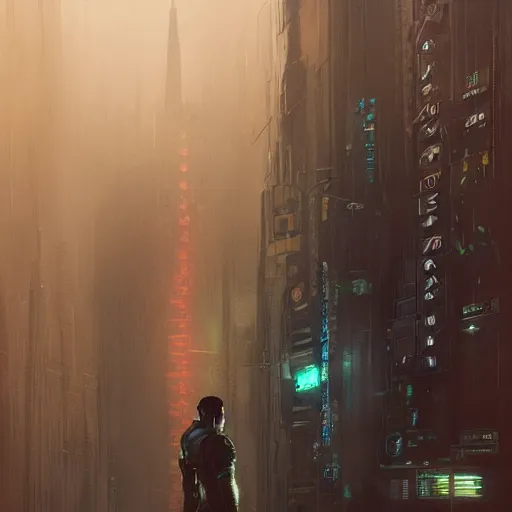 Image similar to robin williams dressed as a bladerunner, sci fi, intricate, viewed from far away, cyberpunk, rainny city streets, highly detailed, digital painting, artstation, concept art, matte, sharp focus, illustration, art by greg rutkowski and alphonse mucha