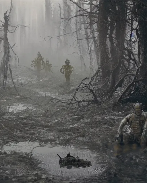 Prompt: group of sardaukar soldiers in a chlorine swamp, retrofuturism sci - fi old movie, highly detailed, photorealistic, 8 k, by beksinski and stalenhag