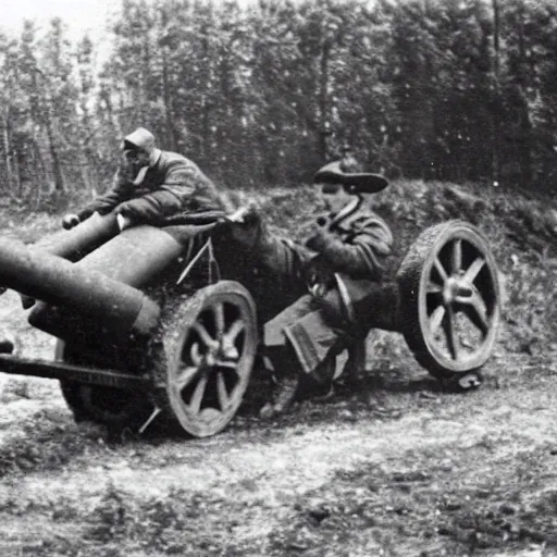 Image similar to a picture of a enormous bear pulling a towed canon on wheel behind him, eastern front, ww 2, historical picture