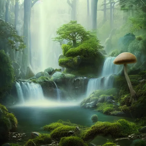 Prompt: tom bagshaw, soft painting render curiosities pond vegetation rocks gigantic mushrooms covered moss scintillating flying luminescent starlights wisps, beautiful waterfall, accurate features, focus, very intricate ultrafine details, random volumetric lighting, fog, award winning masterpiece, octane render 8 k hd, artstation