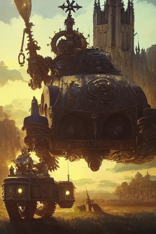 Image similar to a mobile driving ornate cathedral church as tower mounted on a tank with chain drive, warhammer 4 0, scene in an open field. key visual, conceptart, ambient lighting, highly detailed, digital painting, artstation, concept art, sharp focus, by makoto shinkai and akihiko yoshida and kris kuksi