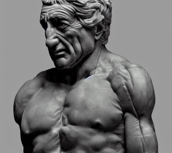 Image similar to a hyper-detailed marble status of Robert DeNiro by Michelangelo; anatomically correct; an extraordinary masterpiece!!!; proud posture; trending on artstation; f/1.4; 90mm