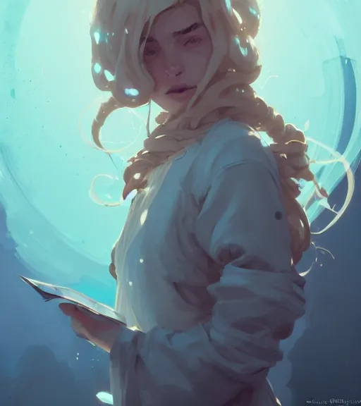 Prompt: portrait of a female alchemist, disheveled hair, by atey ghailan, by greg rutkowski, by greg tocchini, by james gilleard, by joe fenton, by kaethe butcher, dynamic lighting, gradient light blue, brown, blonde cream and white color scheme, grunge aesthetic