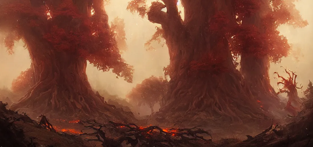 Prompt: An epic battle between a fire mage and a giant ent, by Greg Rutkowski